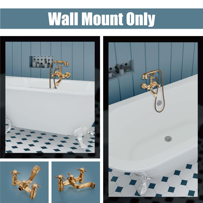 Aolemi Wall Mount Bathtub Faucet with Handheld Sprayer Antique Brass Tub Shower Faucet Vintage Double Cross Handle Swivel Spout Mixer Tap for Bathroom Telephone Shaped Shower Kit - Image 3
